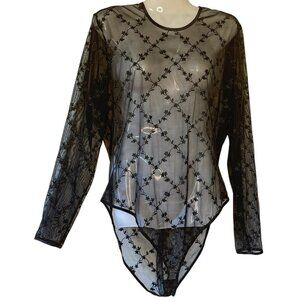 Fairygoth Bodysuit Sheer Black with Diamond Ivy Print Jewel Neck Long Sleeve  L